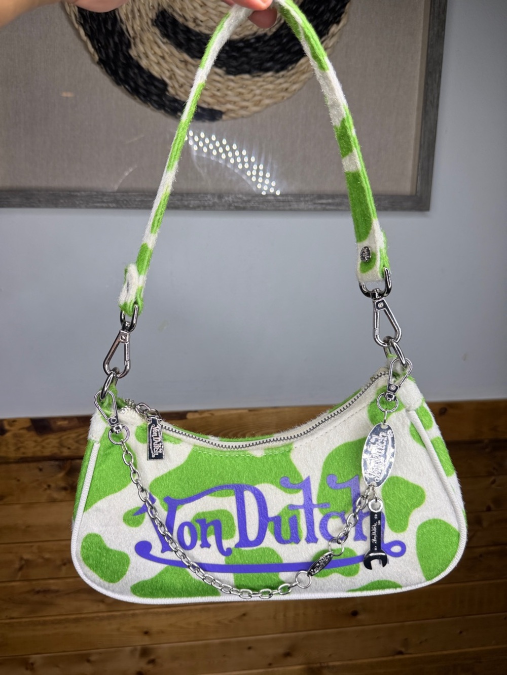 Von Dutch Green & White Cowprint Shoulder Bag with Purple Logo